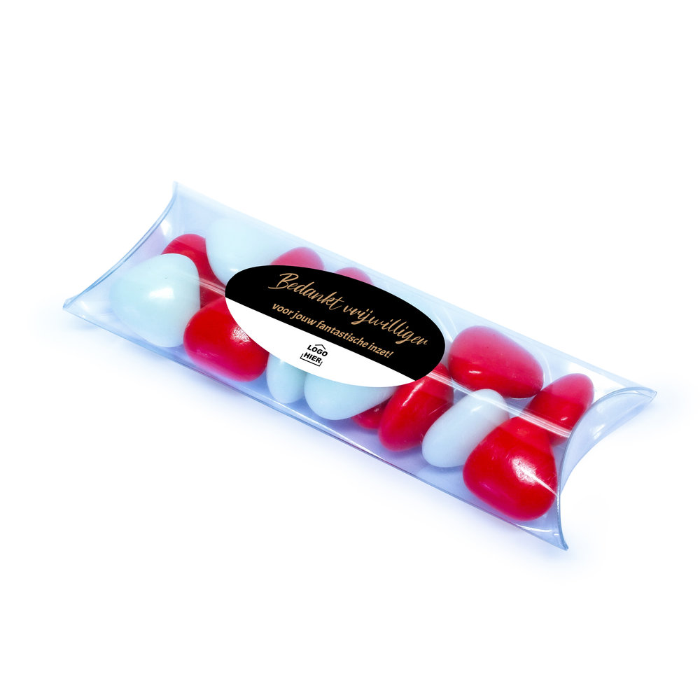 Bedankje voor vrijwilligers - Doorzichtige tube met rood en wit snoep