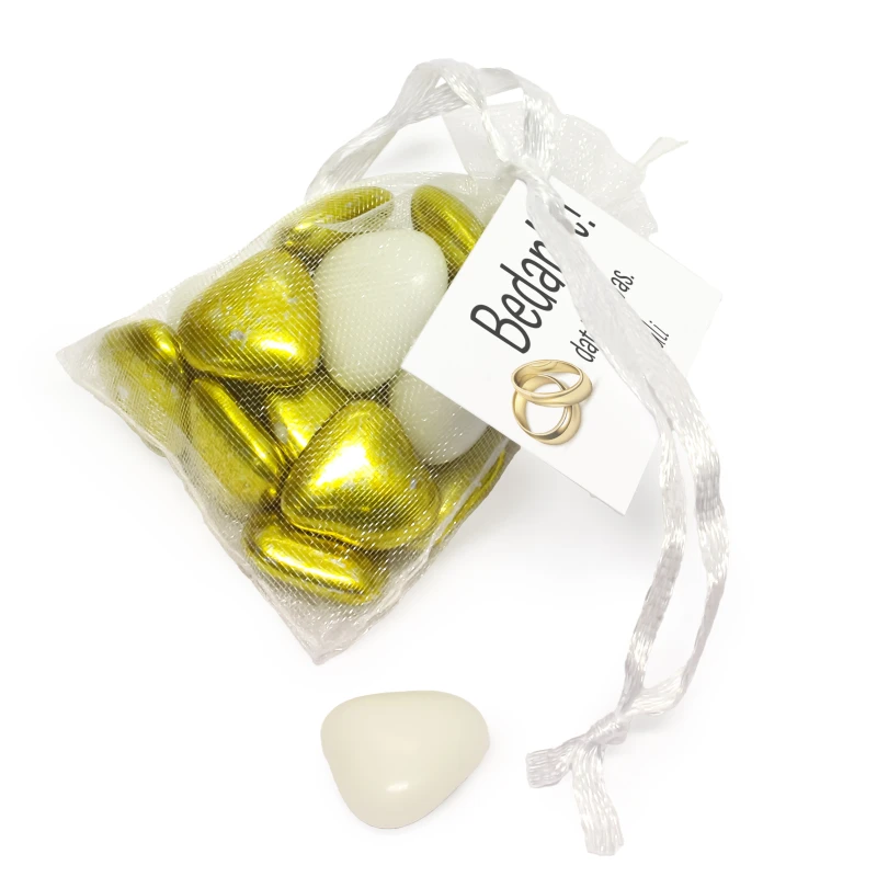 Huwelijk bedankje - Organza zakje met gouden snoepjes en bedrukt kaartje