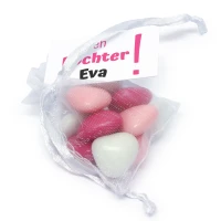 Geboorte bedankje - Organza zakje met fuchsia, witte en roze chocolaatjes en kaartje