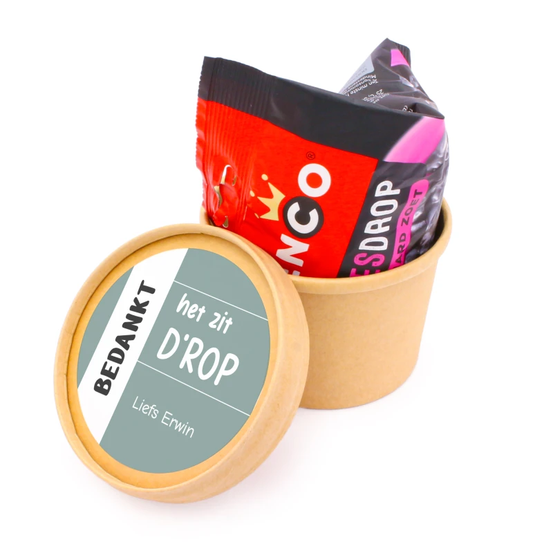 Bedankje afscheid werk - BIO bekertje met Venco dropjes - Het zit d'rop