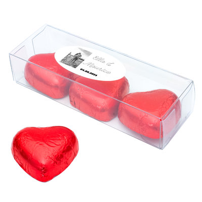 Transparant doosje gevuld met grote chocolade harten - Bedankje voor bruiloften