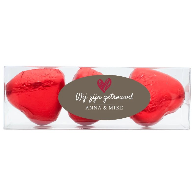 Bruiloft bedankje - Transparant doosje met hart snoep - Gepersonaliseerd