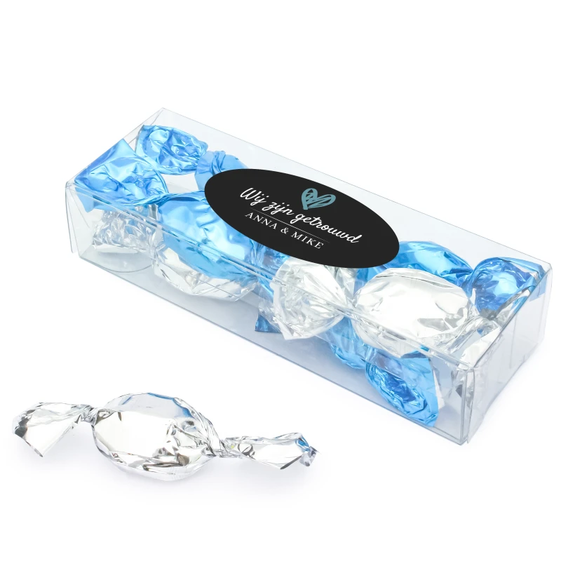 Bruiloft bedankje - Doorzichtig plastic doosje met pepermunt - Bedrukt