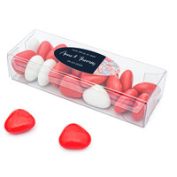 Bruiloft bedankje - Transparant doosje met rood/witte chocolade hartjes - Bedrukt