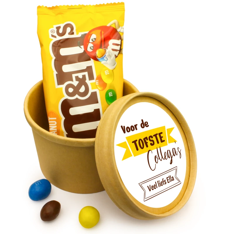 Afscheid cadeau - BIO bekertje met M&M snoep en eigen bedrukking