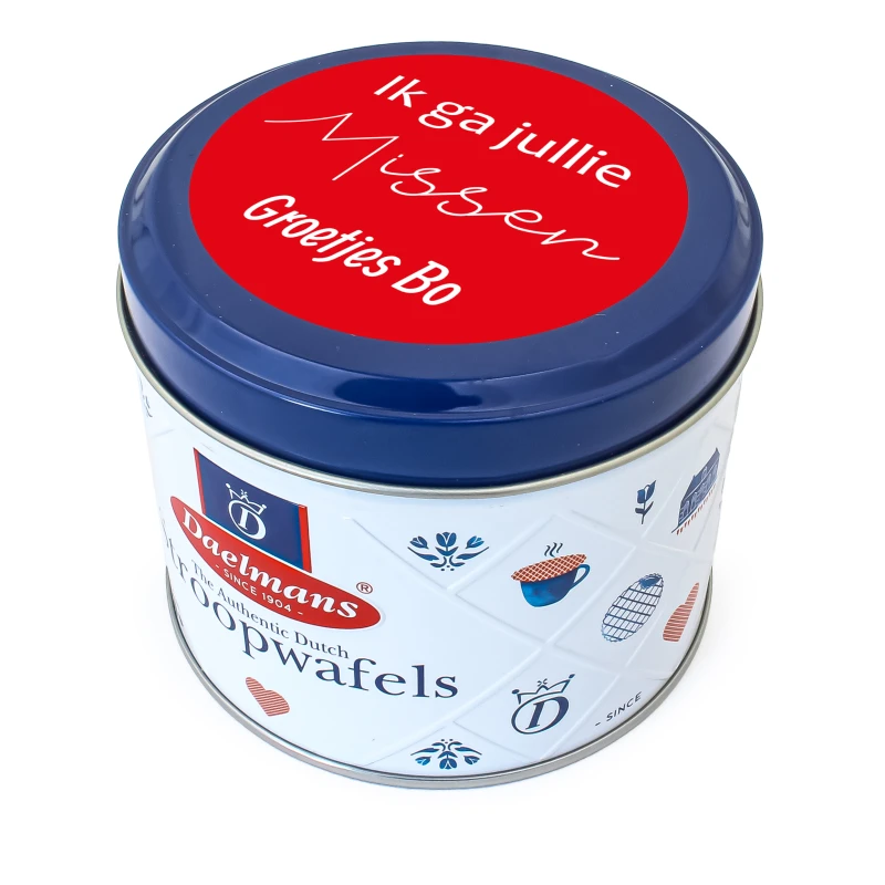 Gepersonaliseerd cadeau - Bedrukt blikje met stroopwafels als bedankje