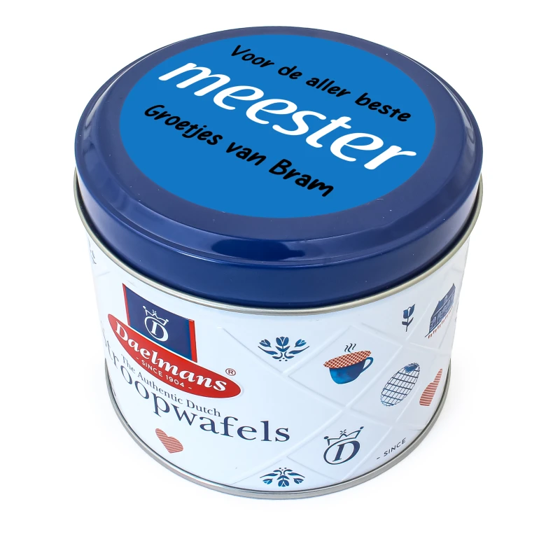 Meester bedankje - Stroopwafel blikje met persoonlijke print