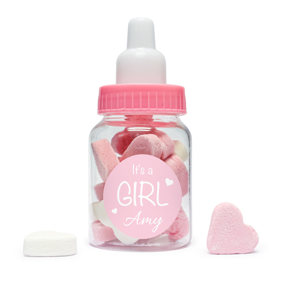 Geboorte bedankje - Papflesje roze met zelf te ontwerpen print