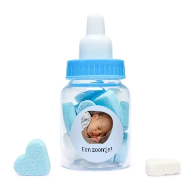 Papflesje gevuld met pepermunt hartjes - Wit - Roze of Blauw - Bedrukte Sticker