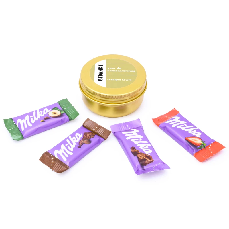 Bedankje voor collega's - Goud blikje met Milka chocolade