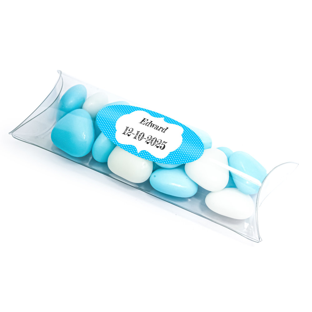 Geboorte bedankje - blauwe snoepjes in transparante tube