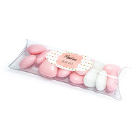 Geboorte bedankje - Transparant doosje met persoonlijke sticker en roze snoep