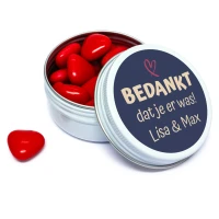 Bruiloft bedankje - Wit blikje met rode hartjes - Gepersonaliseerd