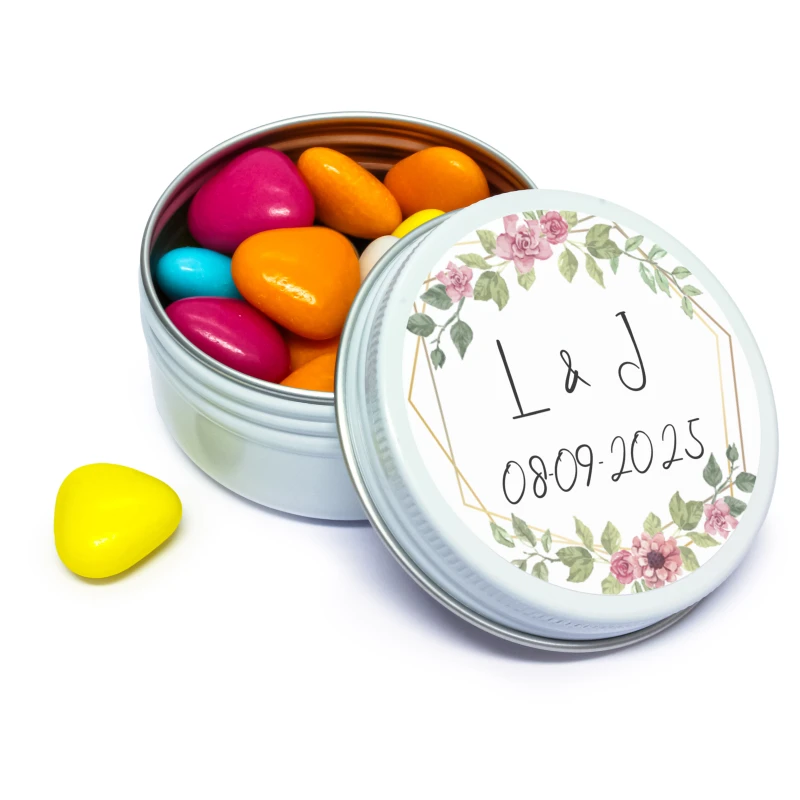 Bruiloft bedankje - Wit blikje met kleuren mix snoepjes