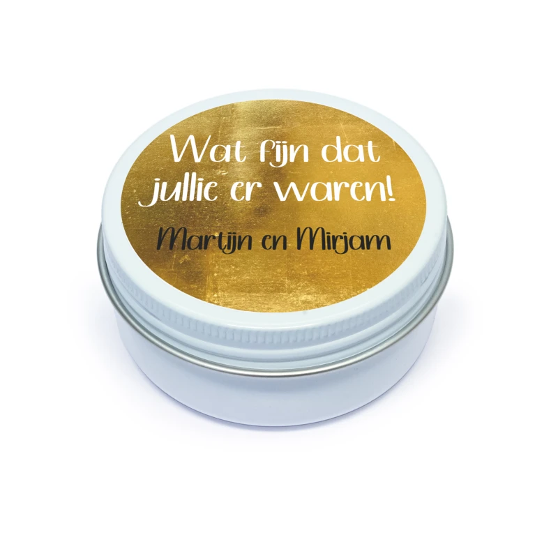 Bedankje - Wit blikje met gouden bedrukt deksel