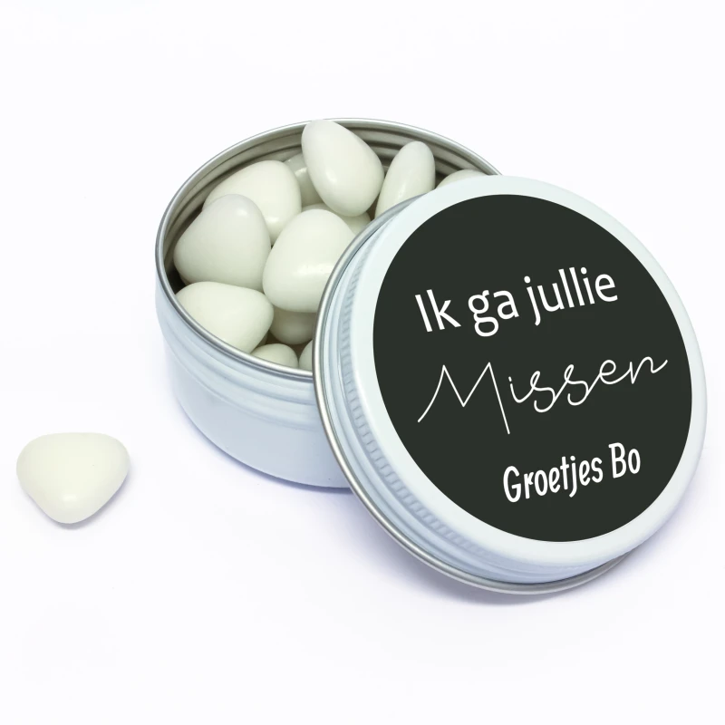 Bedankje - Wit blikje met zwart bedrukt deksel