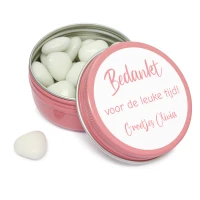 Bedankje - Bedrukt roze blikje met wit snoep