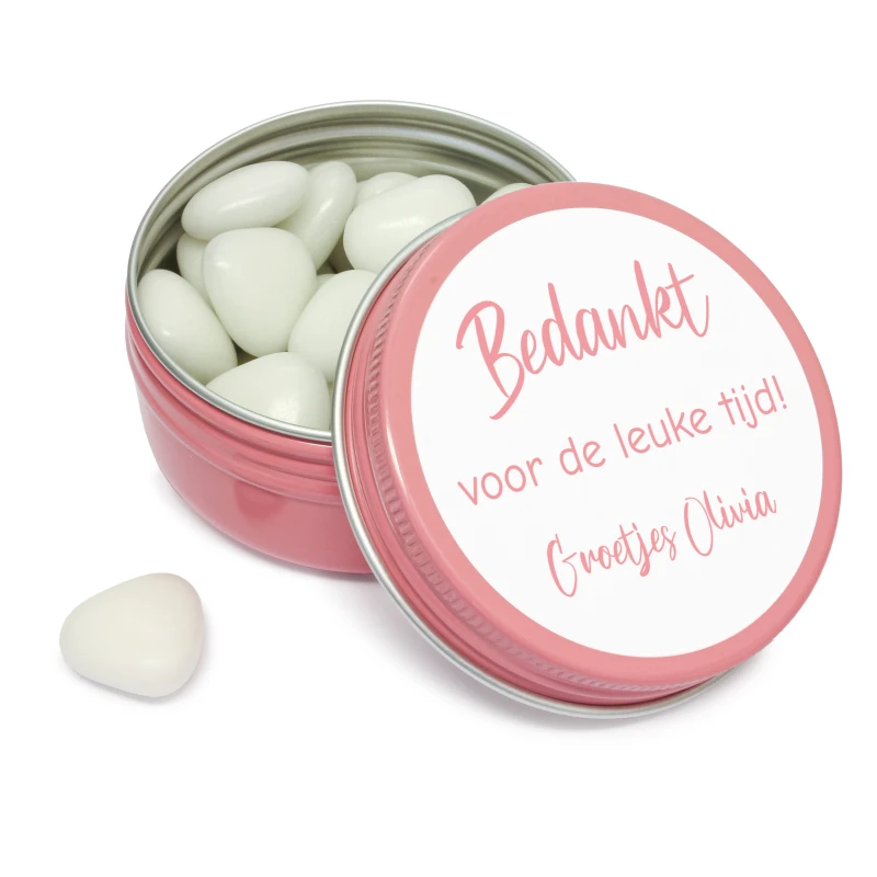 Bedankje - Bedrukt roze blikje met wit snoep