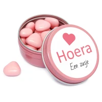 Geboorte bedankje - Roze blikje met roze hartjes