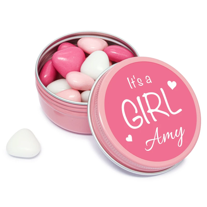 Geboorte bedankje - Its a girl - Blikje roze met snoep