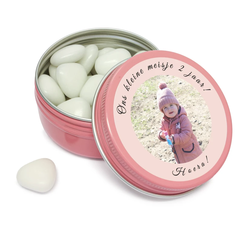 Geboorte bedankje met foto - Blikje roze met snoep