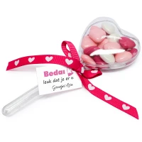 Bedankje - Roze transparant hartje op steel met bedrukt kaartje