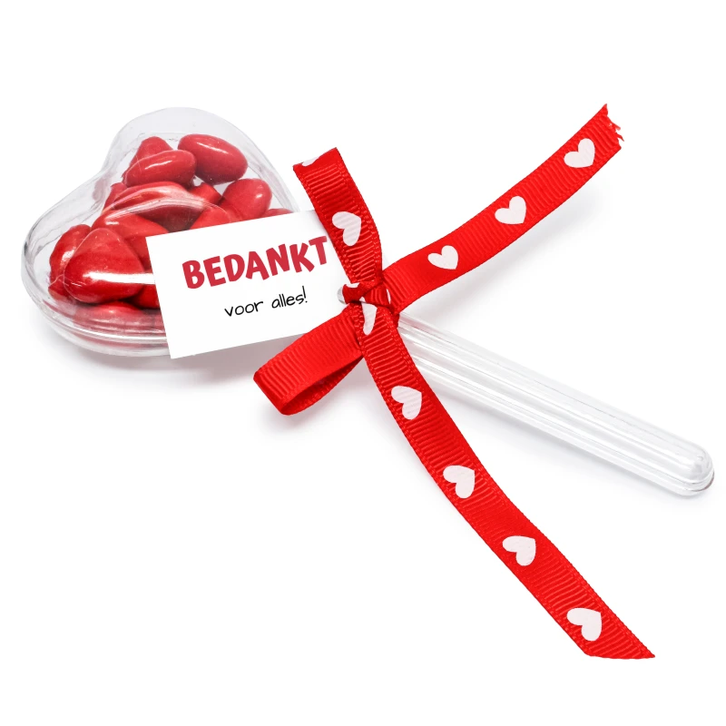 Bedankje - rode choco hartjes in transparant hartje op steel