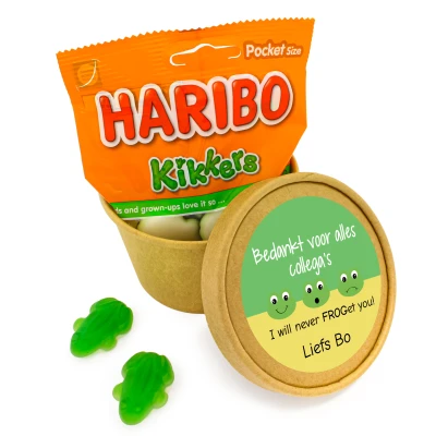 Bedankje - Kraft bekertje met Haribo kikkertjes en persoonlijke bedrukking