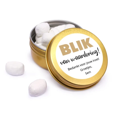 Blik van waardering - Gevuld met snoep - 5,7 x 2,7 cm - Bedrukt bedankje