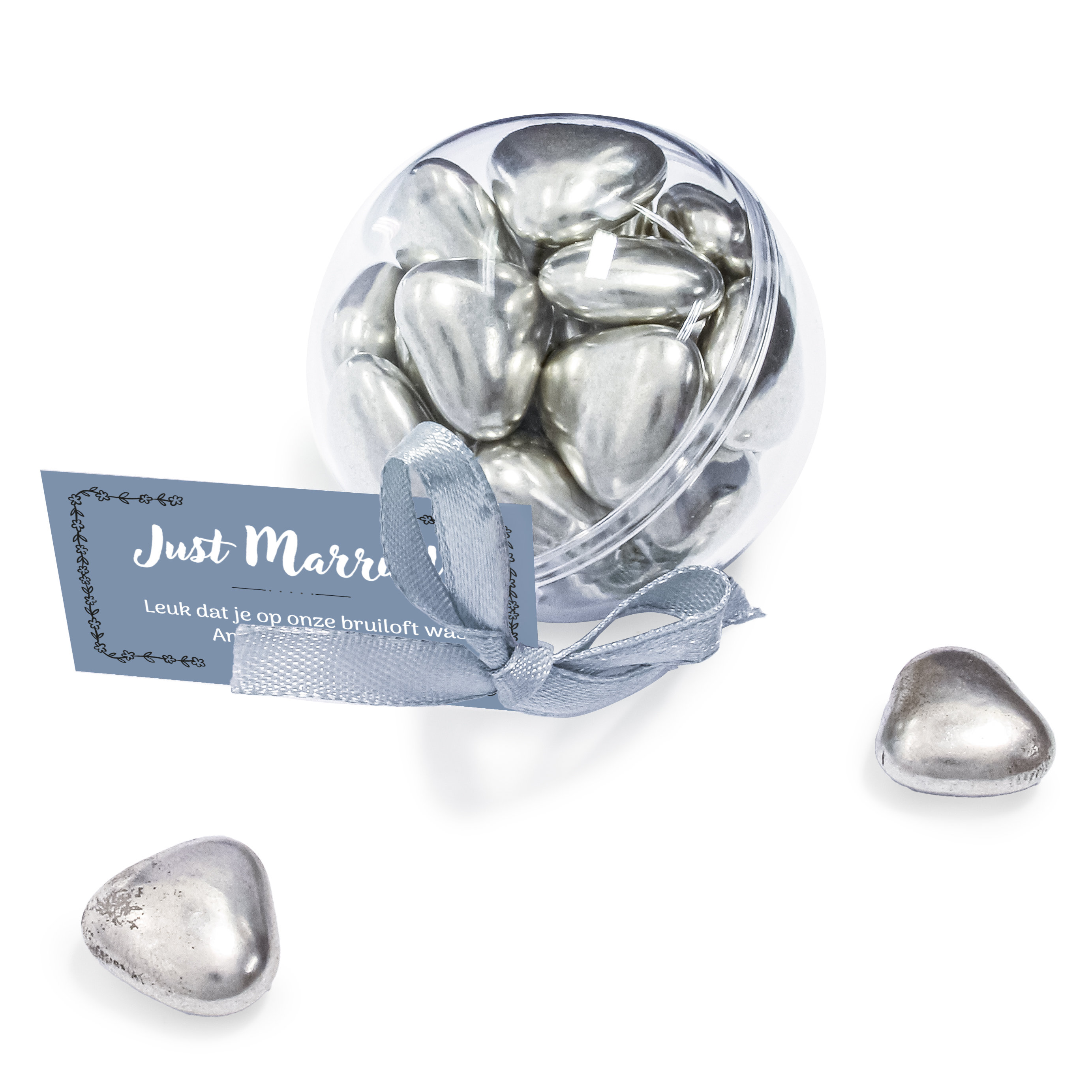 Jubileum bedankje - Transparante bal met zilveren hartjes chocolade