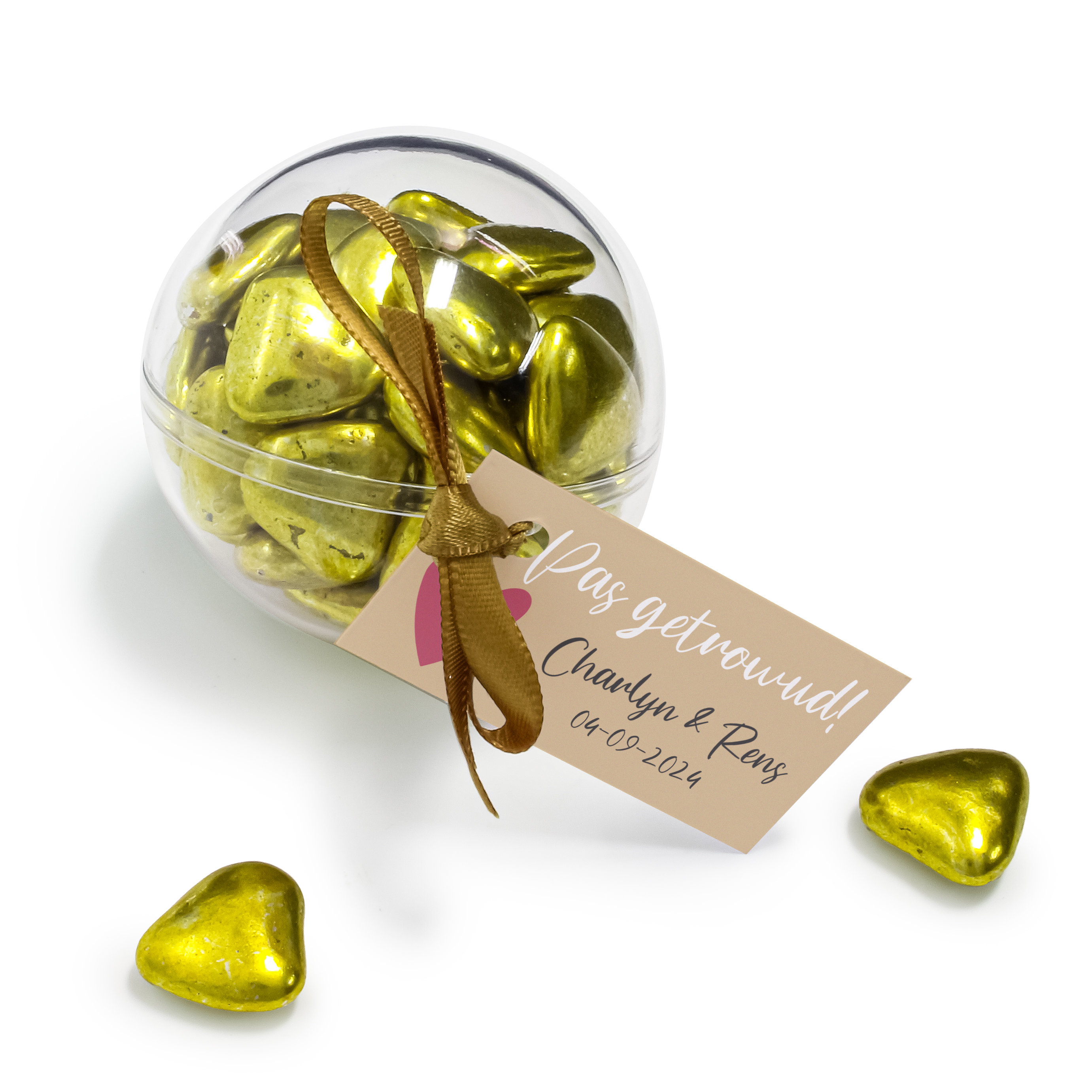 Bruiloft bedankje - Transparante bal met gouden snoepjes en kaartje