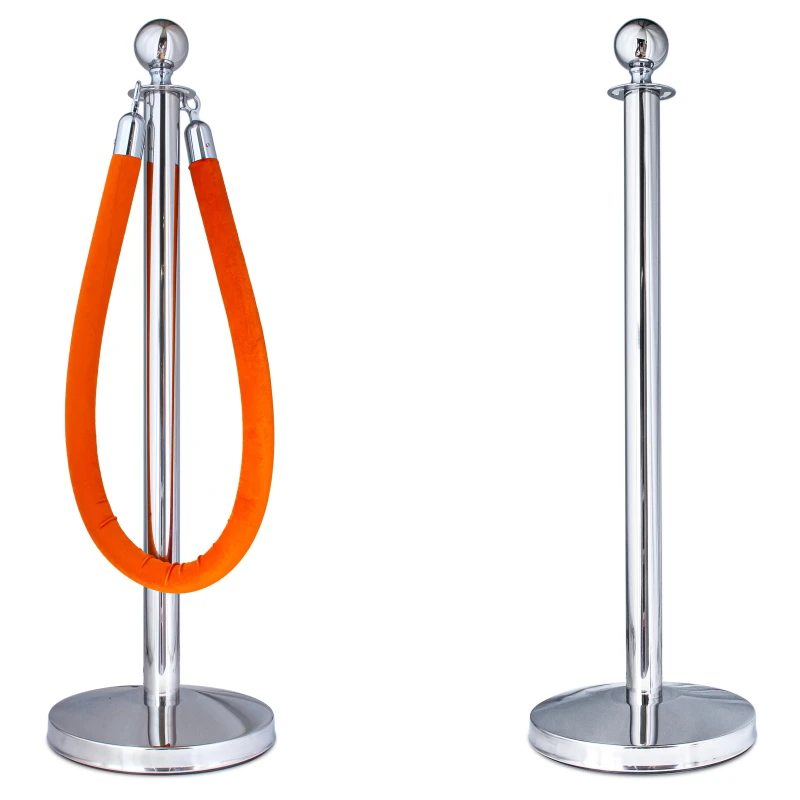Set chroom afzetpaaltjes met ronde bol en velours oranje koord