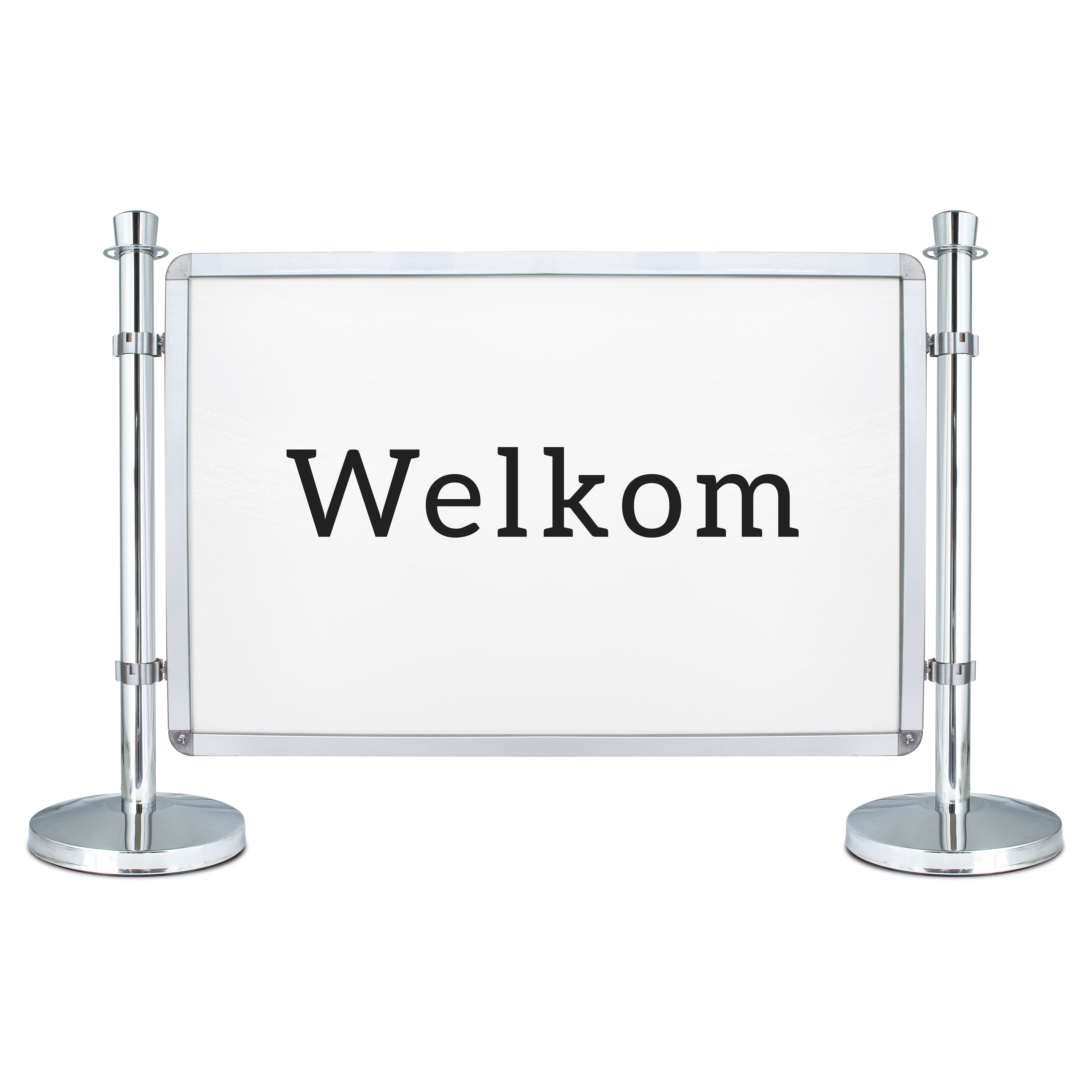 Chroom afzetpaaltjes met banner met welkom tekst