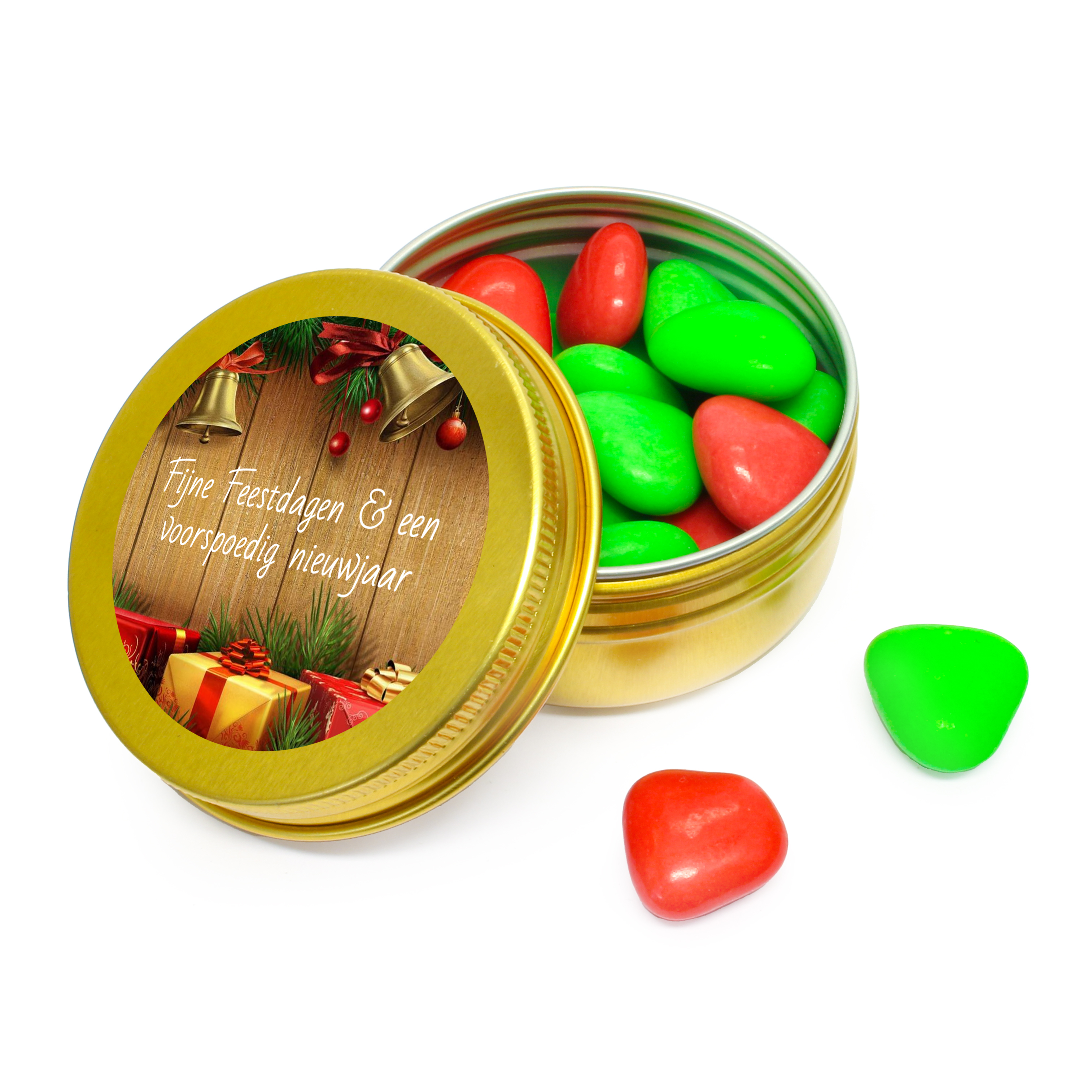 Kerst goud blikje met rood/groene chocolade hartjes