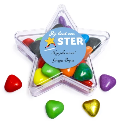 Ster afscheidscadeautje met gekleurde chocolaatjes