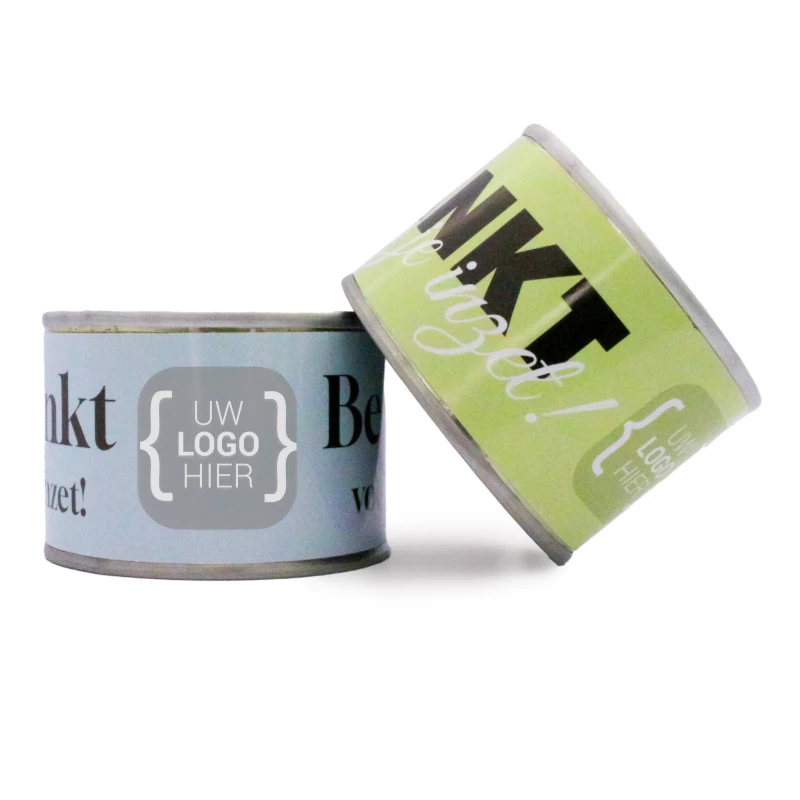 Blikje met label als zakelijk bedankje
