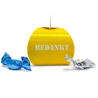 Geel bedankdoosje met oogje met bedankt tekst en pepermintjes