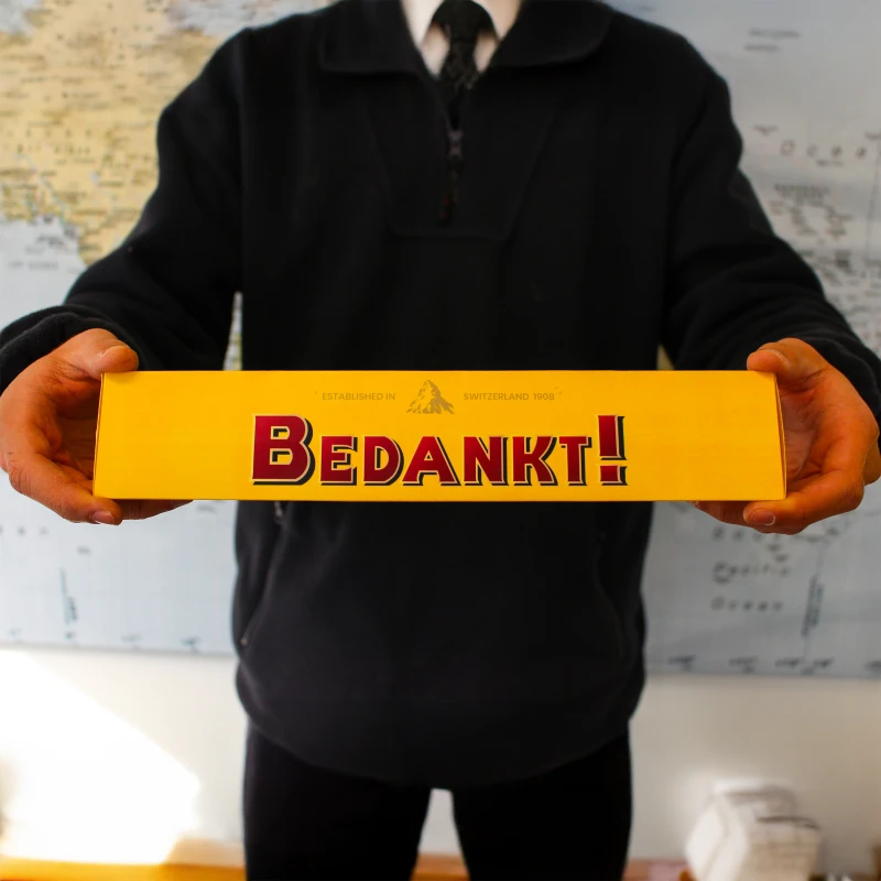 Toblerone met tekst in handen