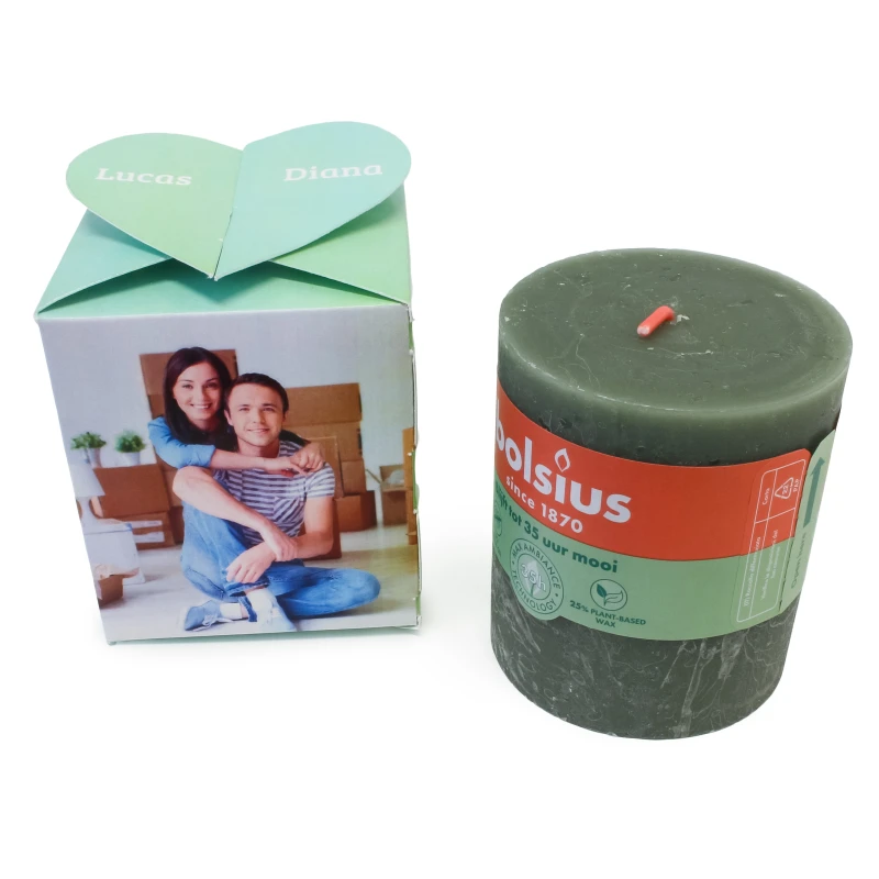 Groen bedankdoosje met foto en kaars