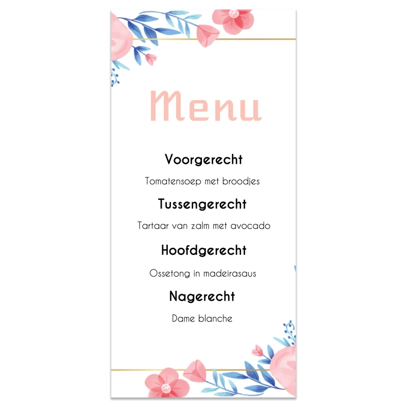 Menukaart met blauwe bloemen