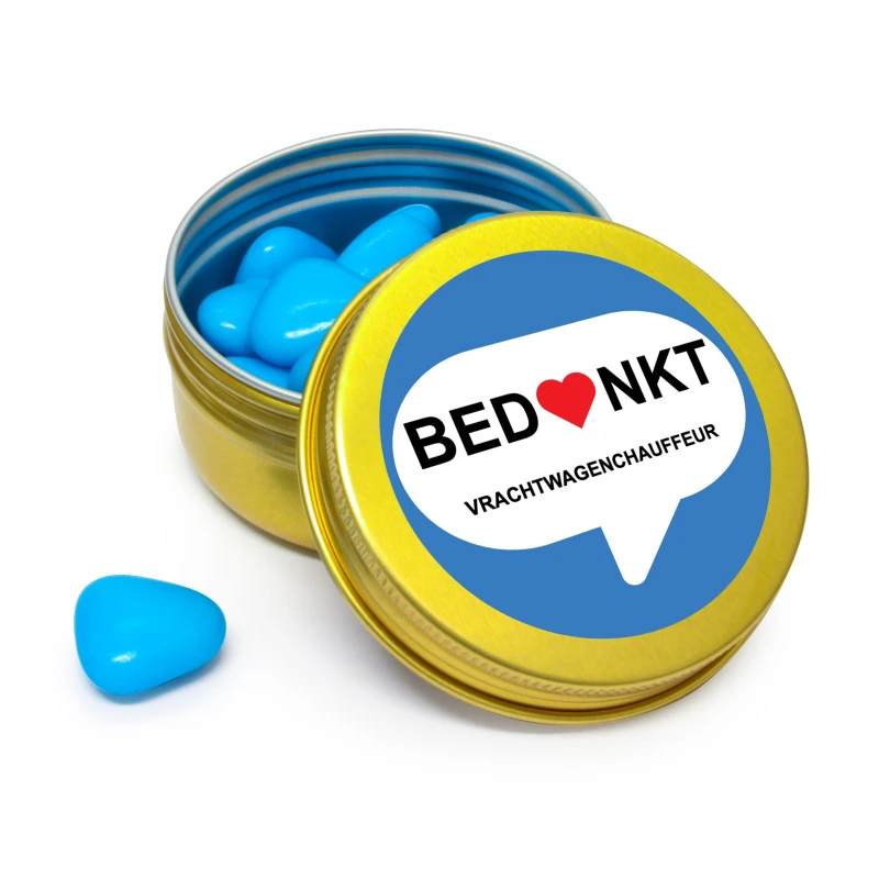 Chauffeur bedankje - Goud blikje met blauwe snoepjes