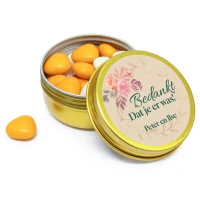 Jubileum blikje goud met oranje snoepjes