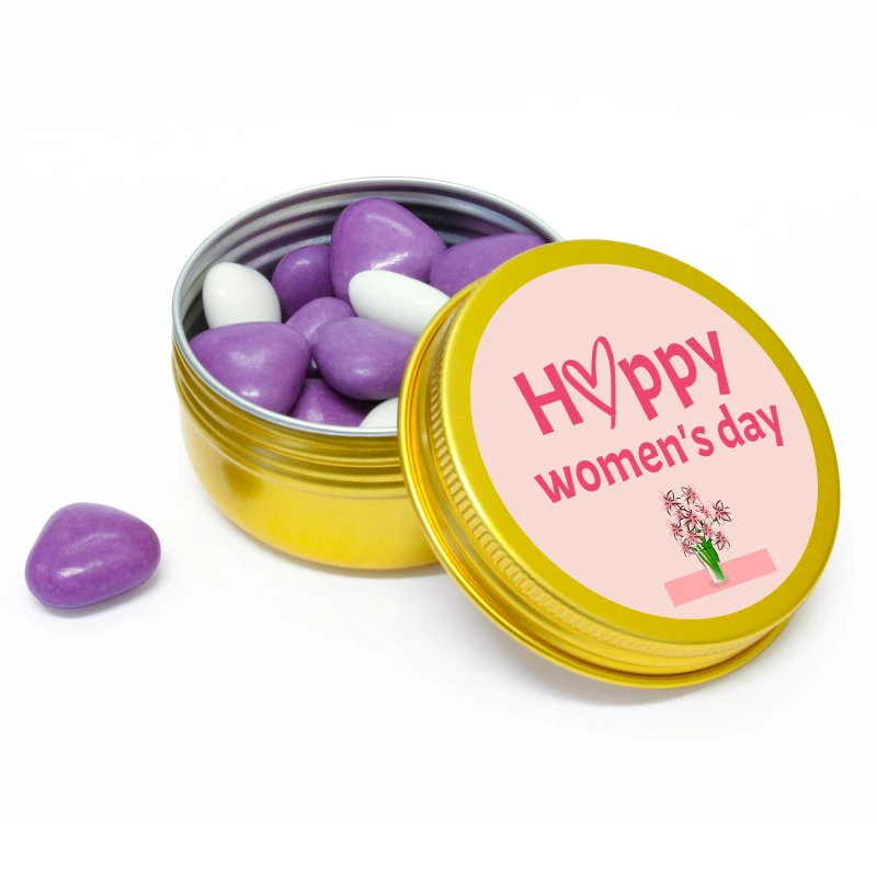 Women's day bedankje - Goud blikje met paarse snoepjes