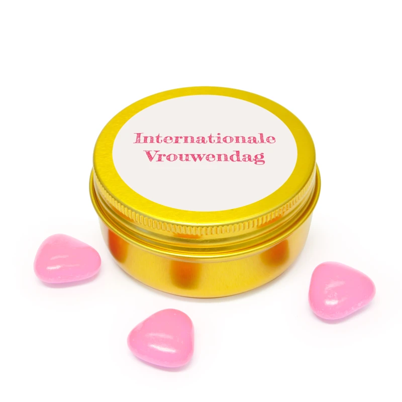 Vrouwendag bedankje - Goud blikje met roze hartjes