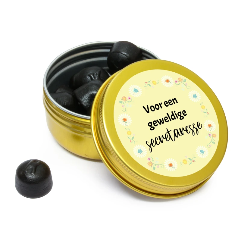 Secretaressedag bedankje - Goud blikje met persoonlijke sticker