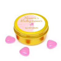 Babyshower bedankje - Goud blikje met roze snoepjes
