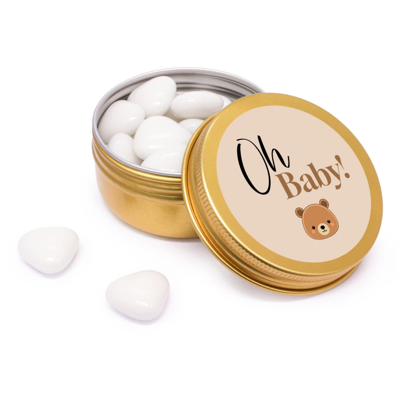 Babyshower bedankje - Goud blikje met witte snoepjes