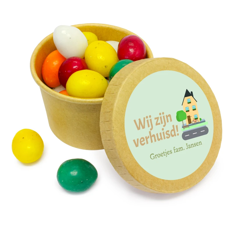 Housewarming bedankje - Kraft bekertje met snoep