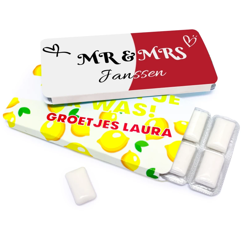 Kauwgompakjes voor trouwdag met bedrukking