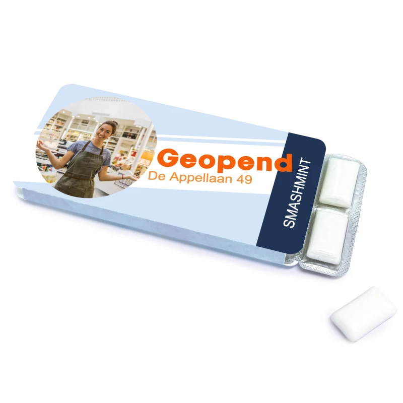 Kauwgom cadeautje voor opening met foto en tekst